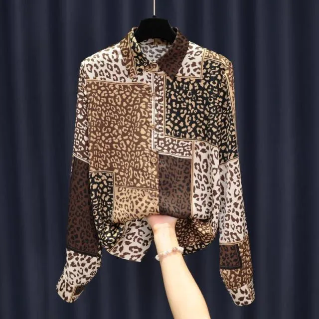 2022 Spring New Leopard Patchwork Print Satin Shirt for Women