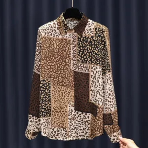 2022 Spring New Leopard Patchwork Print Satin Shirt for Women