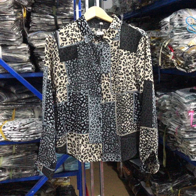 2022 Spring New Leopard Patchwork Print Satin Shirt for Women