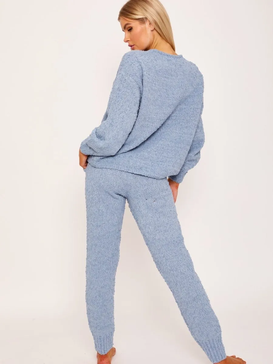Ana Popcorn Fluffy Knitted Loungewear Set In Blue
