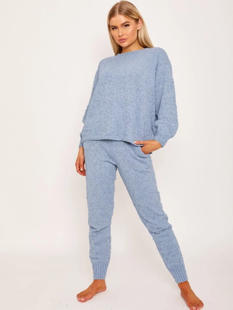 Ana Popcorn Fluffy Knitted Loungewear Set In Blue