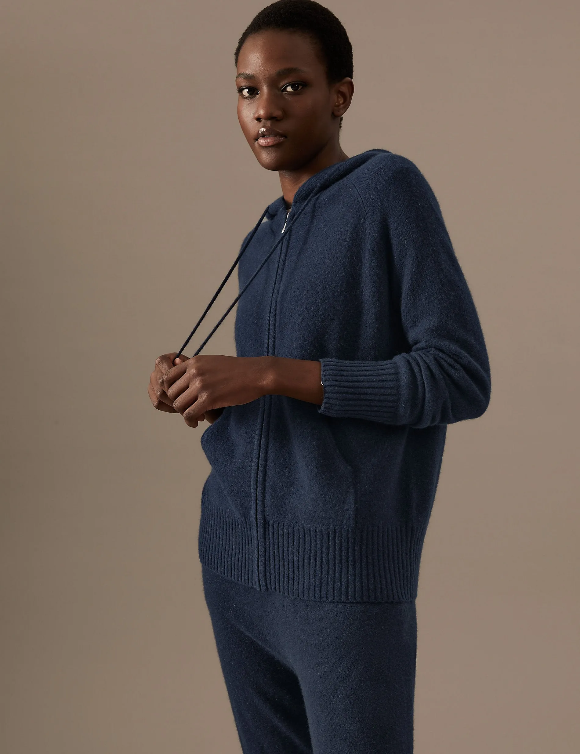 Autograph Pure Cashmere Knitted Oversized Hoodie, Navy