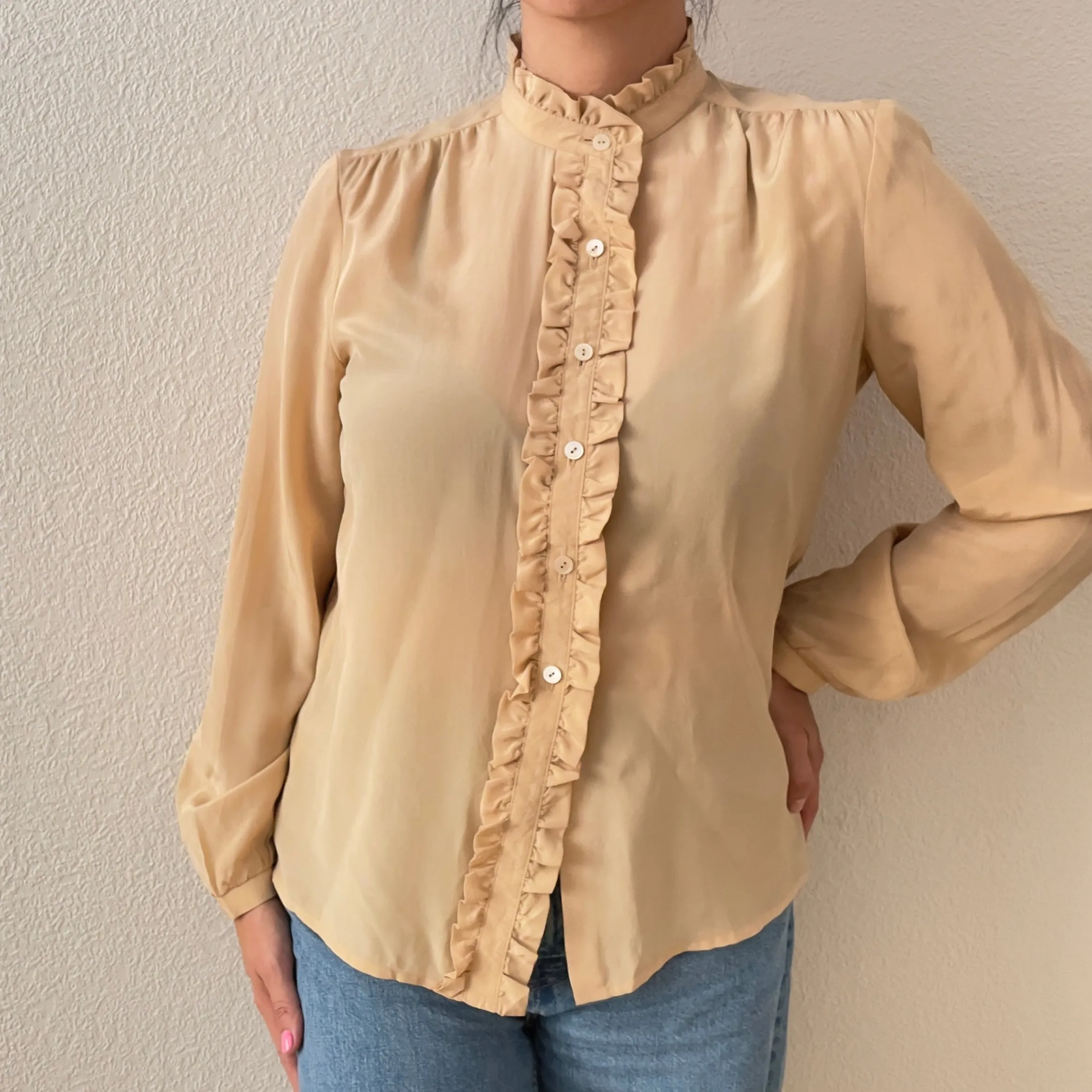 Beige Ruffle Silk Blouse