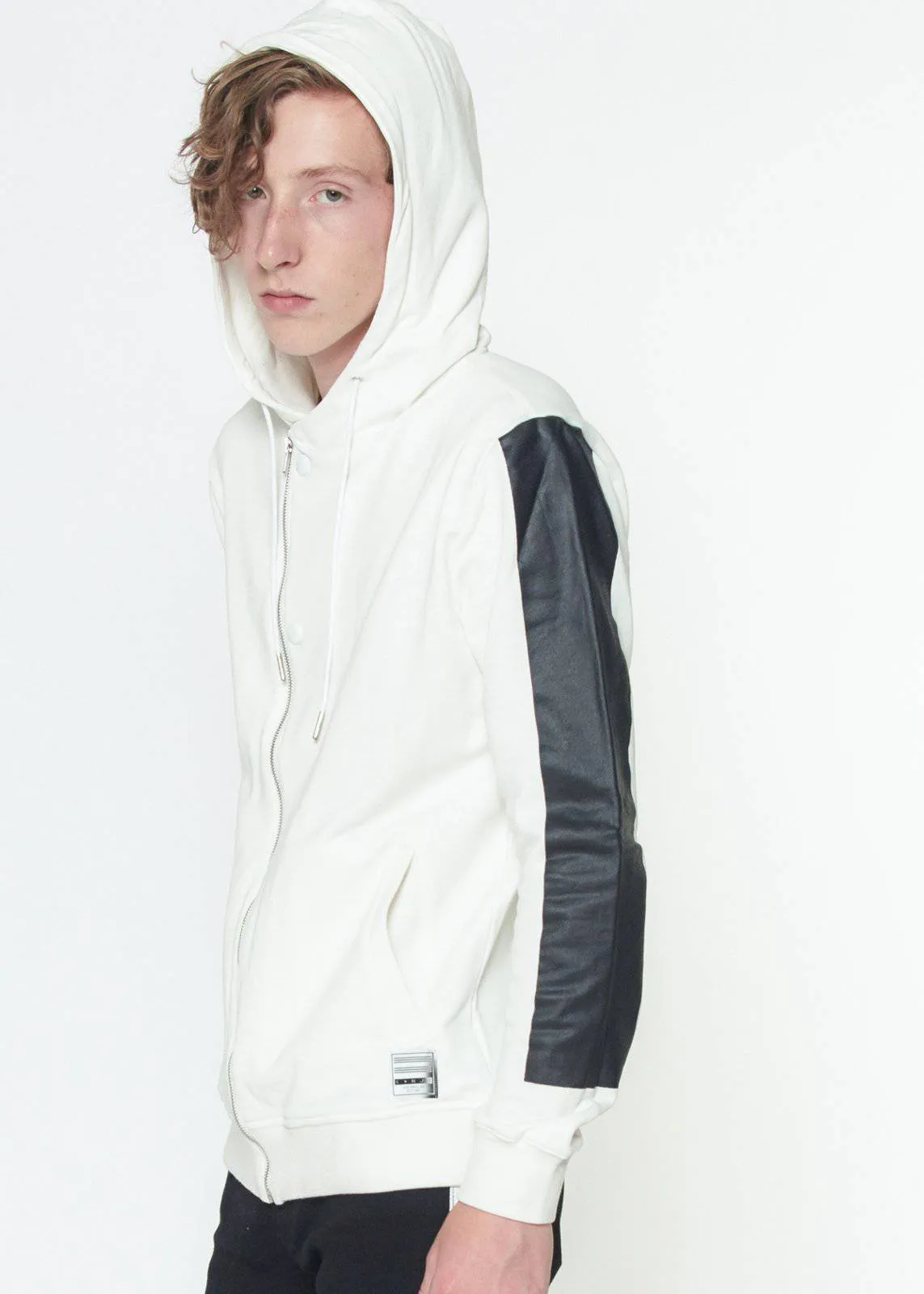 Biker Hoodie with Block Print on Sleeves in White