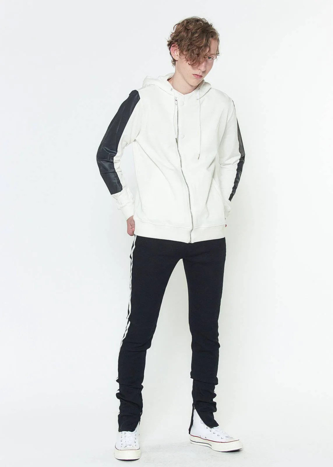 Biker Hoodie with Block Print on Sleeves in White