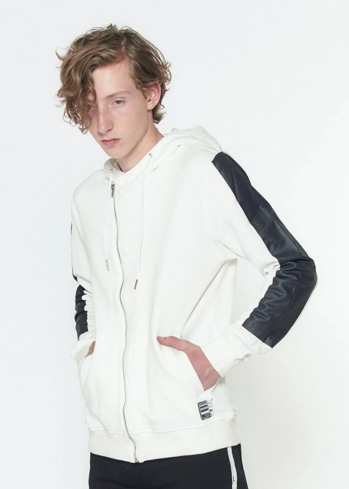Biker Hoodie with Block Print on Sleeves in White