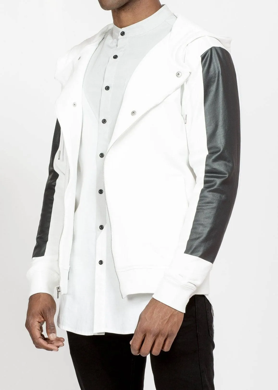 Biker Hoodie with Block Print on Sleeves in White