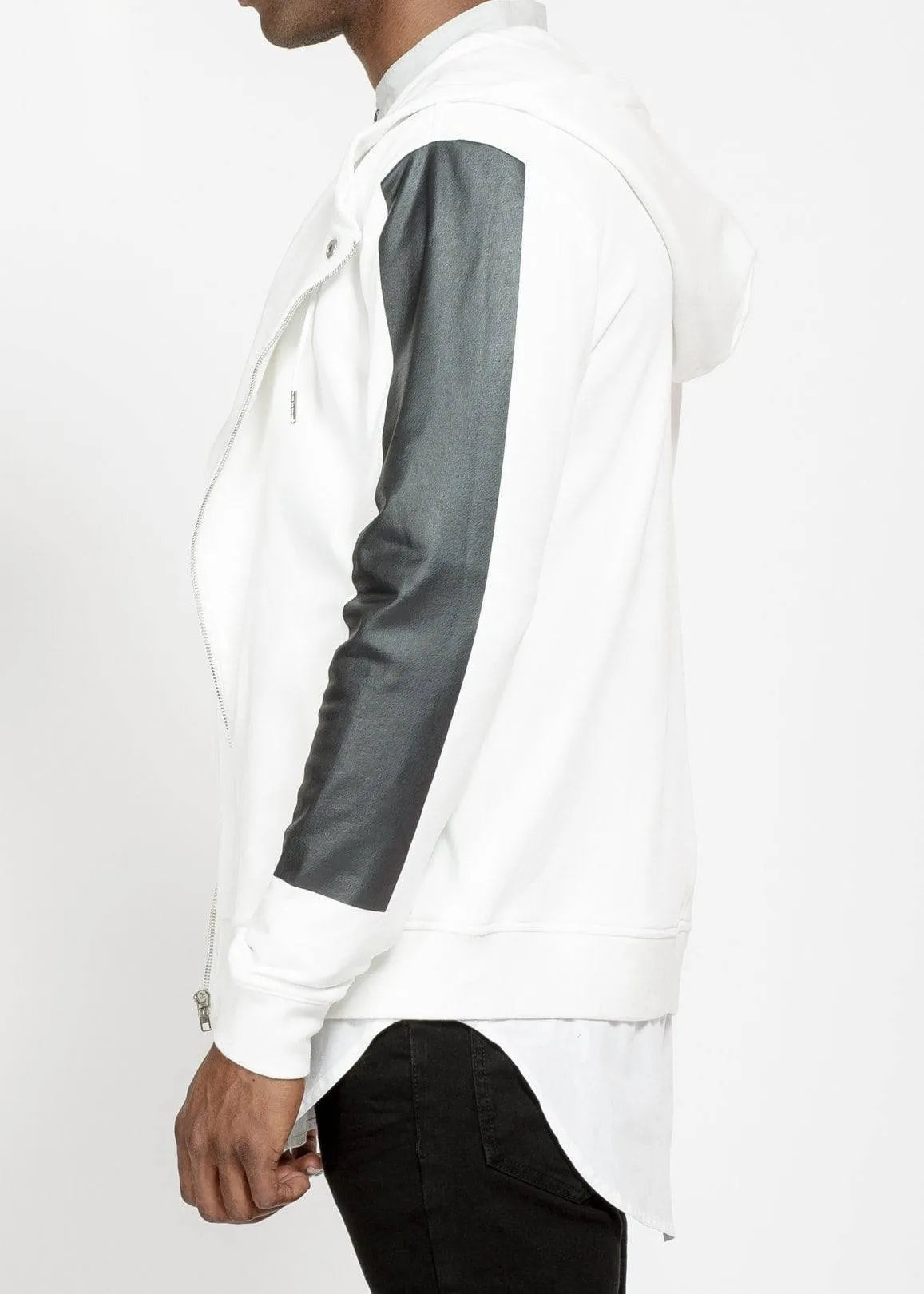 Biker Hoodie with Block Print on Sleeves in White