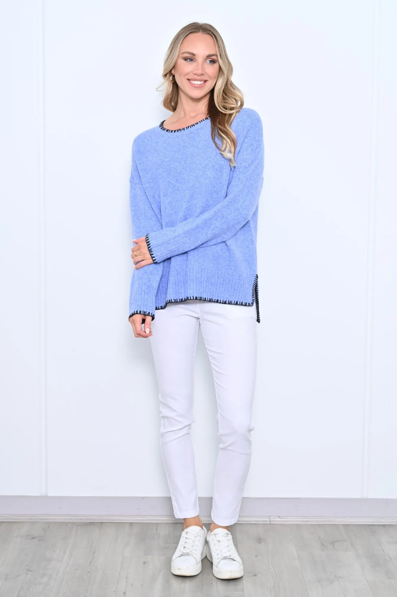 Blanket Stitch Side Split Knit - Blue