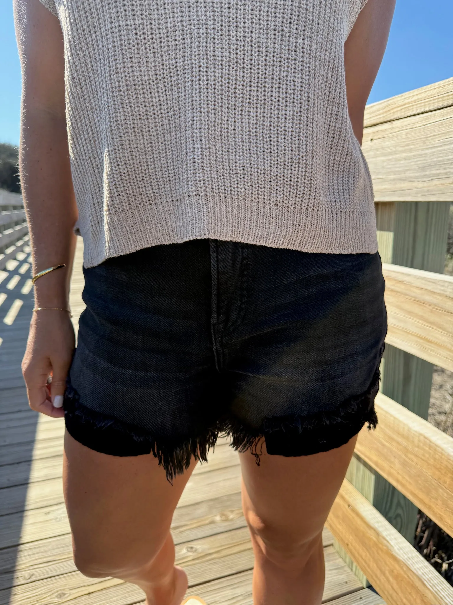 Blue Skies High Waisted Frayed Slit Hem Medium Wash Shorts