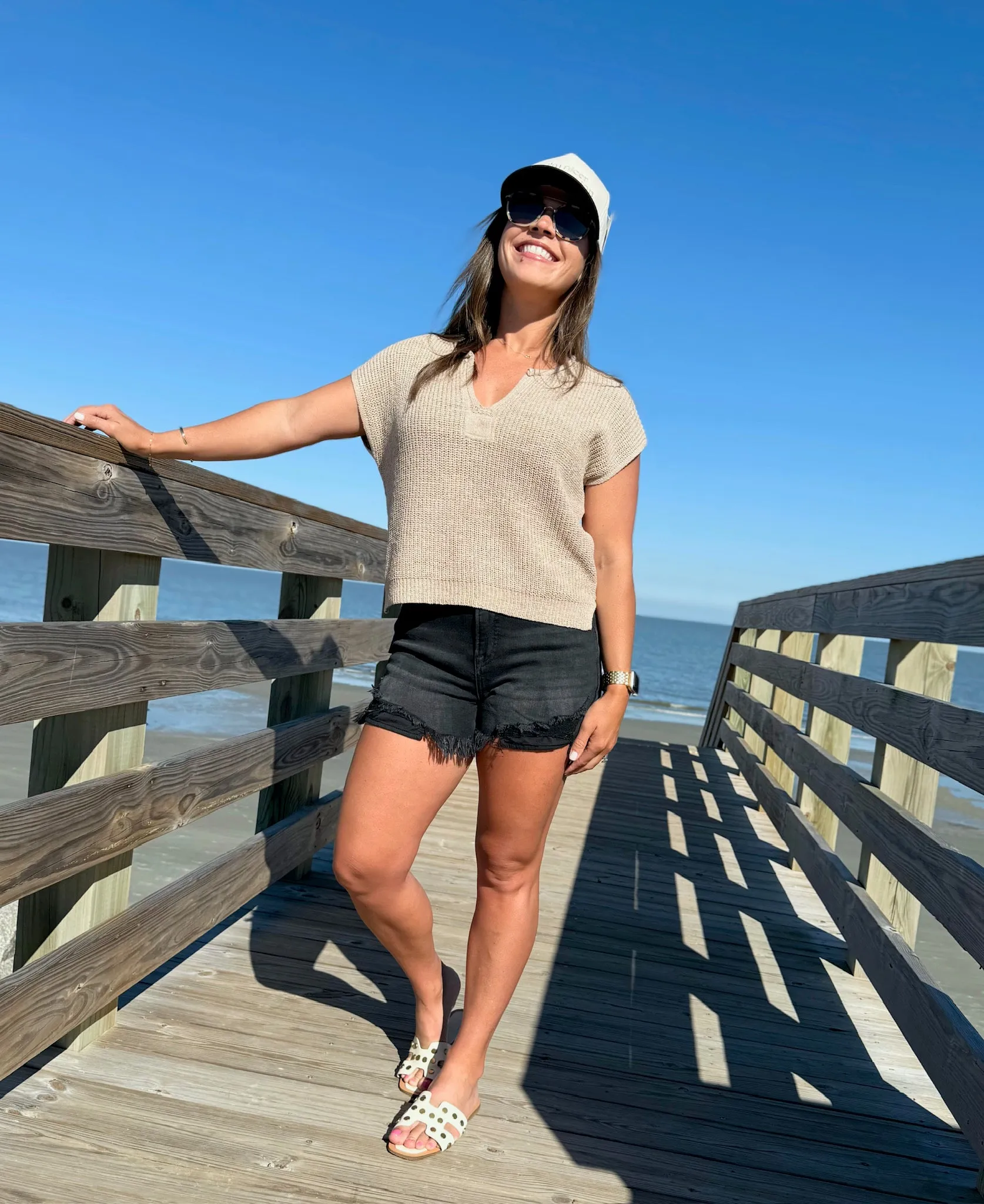 Blue Skies High Waisted Frayed Slit Hem Medium Wash Shorts