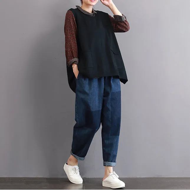 boutique black sweaters plus size big pockets sweaters 2018 sleeveless shirt