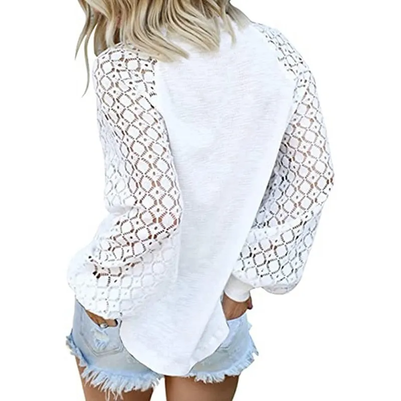 Brin - Lace Casual Loose Blouses Long Sleeve Tops