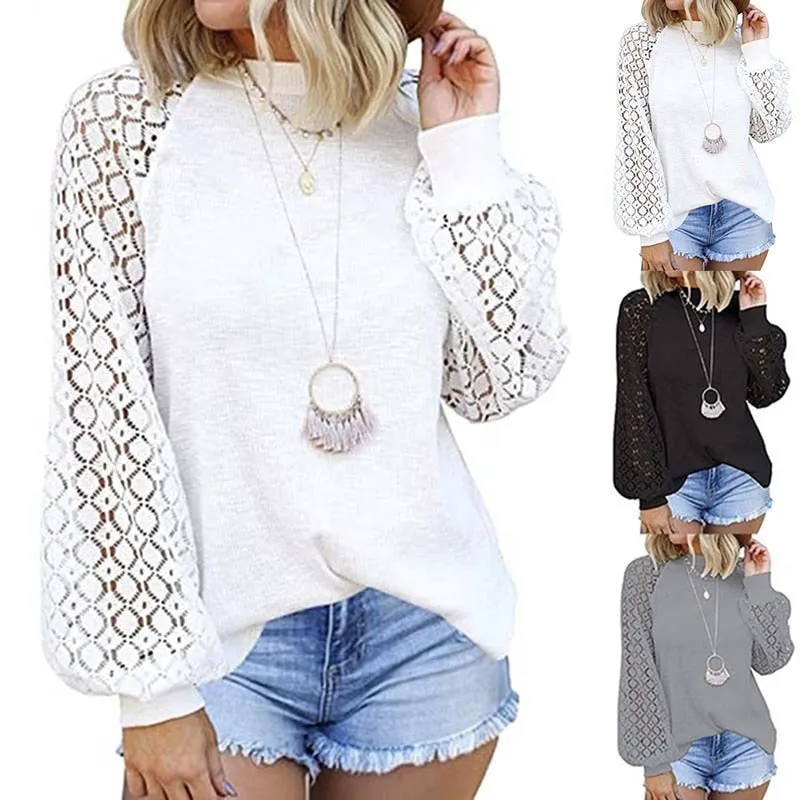 Brin - Lace Casual Loose Blouses Long Sleeve Tops