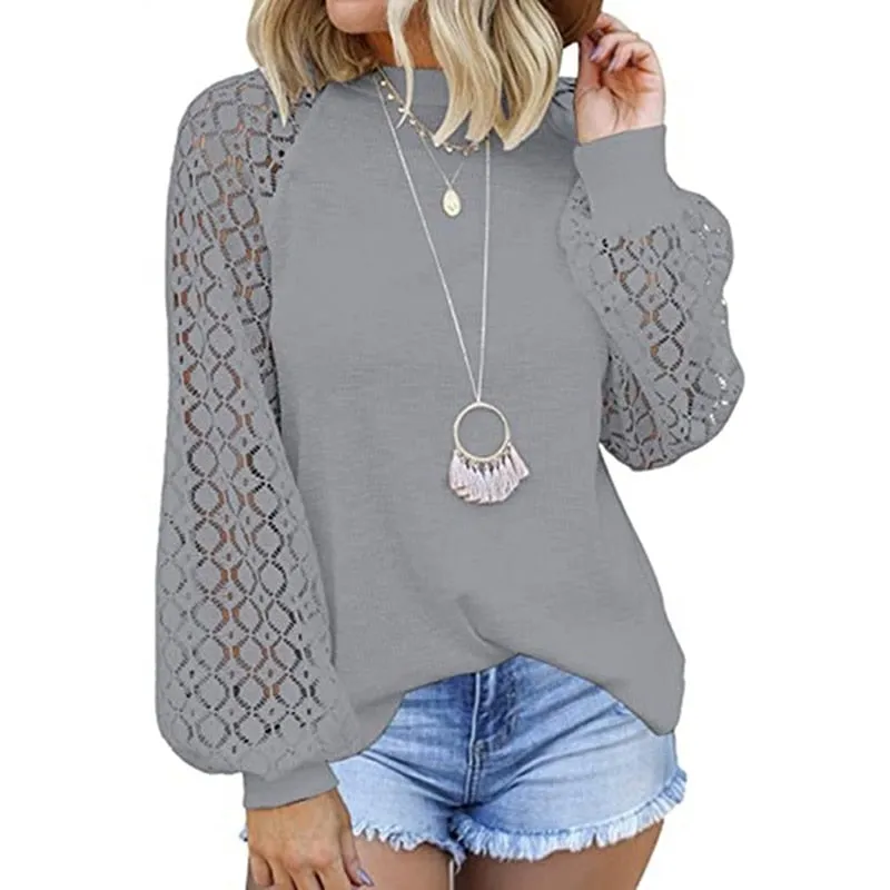 Brin - Lace Casual Loose Blouses Long Sleeve Tops