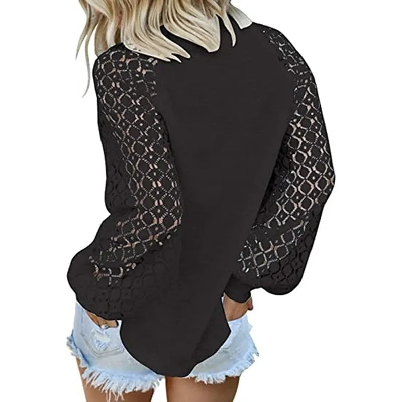 Brin - Lace Casual Loose Blouses Long Sleeve Tops