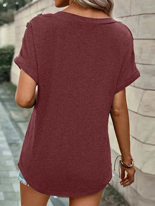 Buttoned Solid Color Loose Short Sleeves V-neck T-Shirts Tops