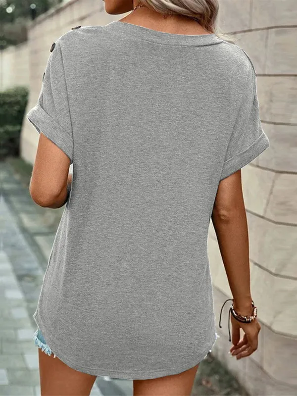 Buttoned Solid Color Loose Short Sleeves V-neck T-Shirts Tops