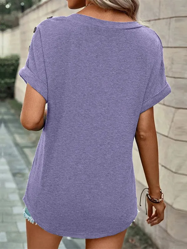 Buttoned Solid Color Loose Short Sleeves V-neck T-Shirts Tops