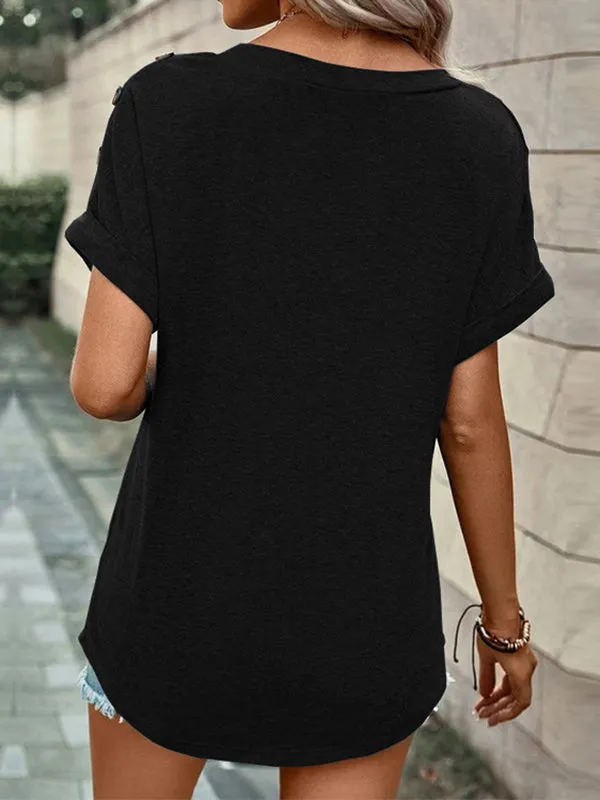 Buttoned Solid Color Loose Short Sleeves V-neck T-Shirts Tops