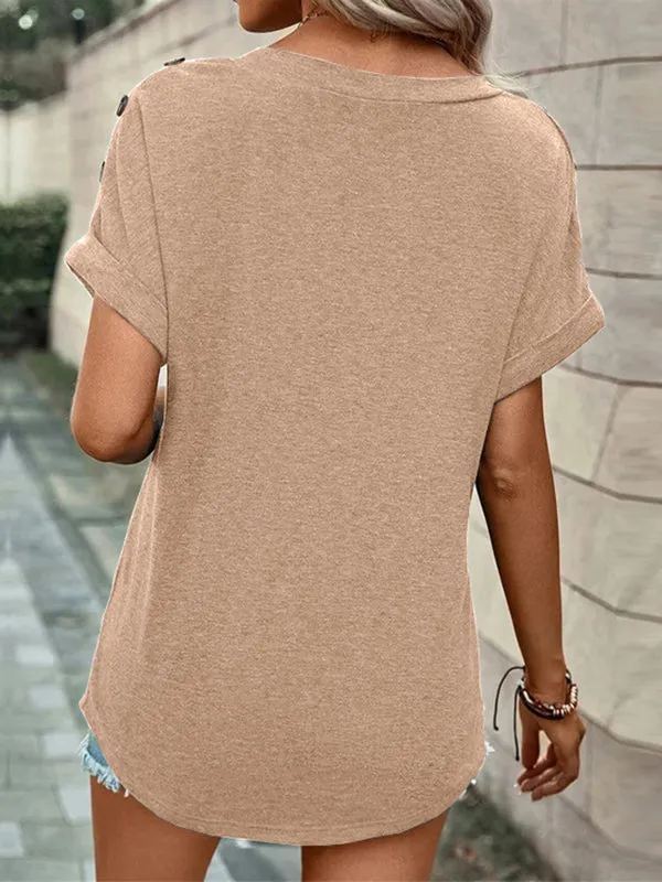 Buttoned Solid Color Loose Short Sleeves V-neck T-Shirts Tops