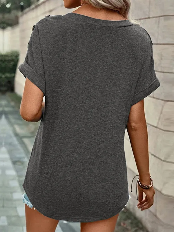 Buttoned Solid Color Loose Short Sleeves V-neck T-Shirts Tops