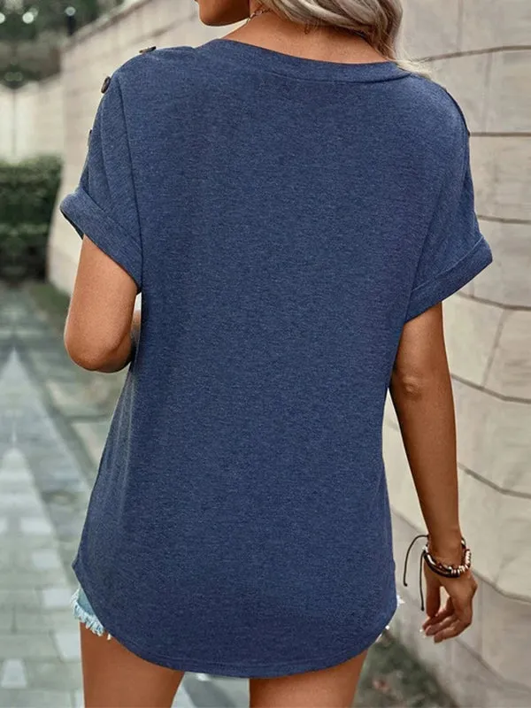 Buttoned Solid Color Loose Short Sleeves V-neck T-Shirts Tops