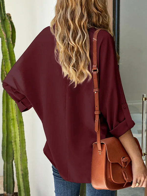 Chicmy-Casual Long Sleeves Loose Solid Color V-Neck Blouses&Shirts Tops