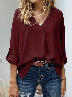 Chicmy-Casual Long Sleeves Loose Solid Color V-Neck Blouses&Shirts Tops