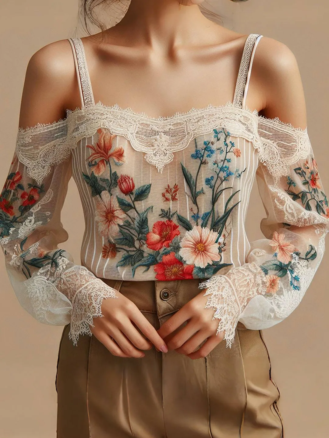 Chicmy-Elegant Off Shoulder Blouses Women Pullovers Tops Lace Floral Plant Pattern Cold Shoulder Top Summer Shirt & Blouse Lady Tees