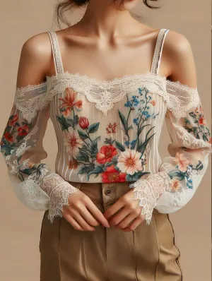 Chicmy-Elegant Off Shoulder Blouses Women Pullovers Tops Lace Floral Plant Pattern Cold Shoulder Top Summer Shirt & Blouse Lady Tees