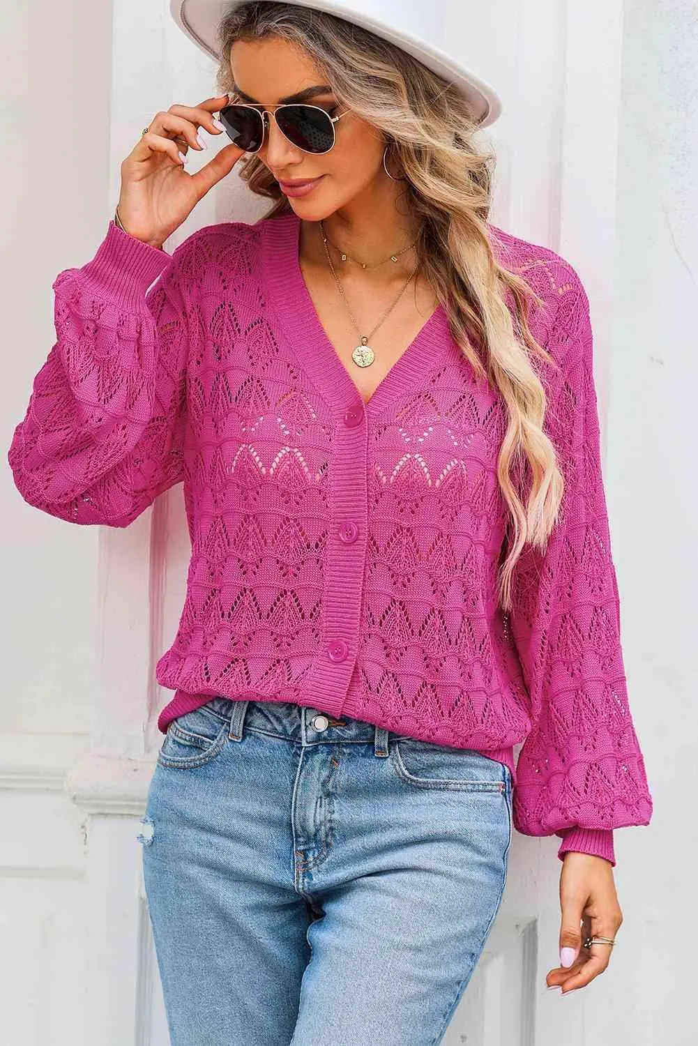 Cozy Any Season Buttoned V-Neck Open Knit Cardigan