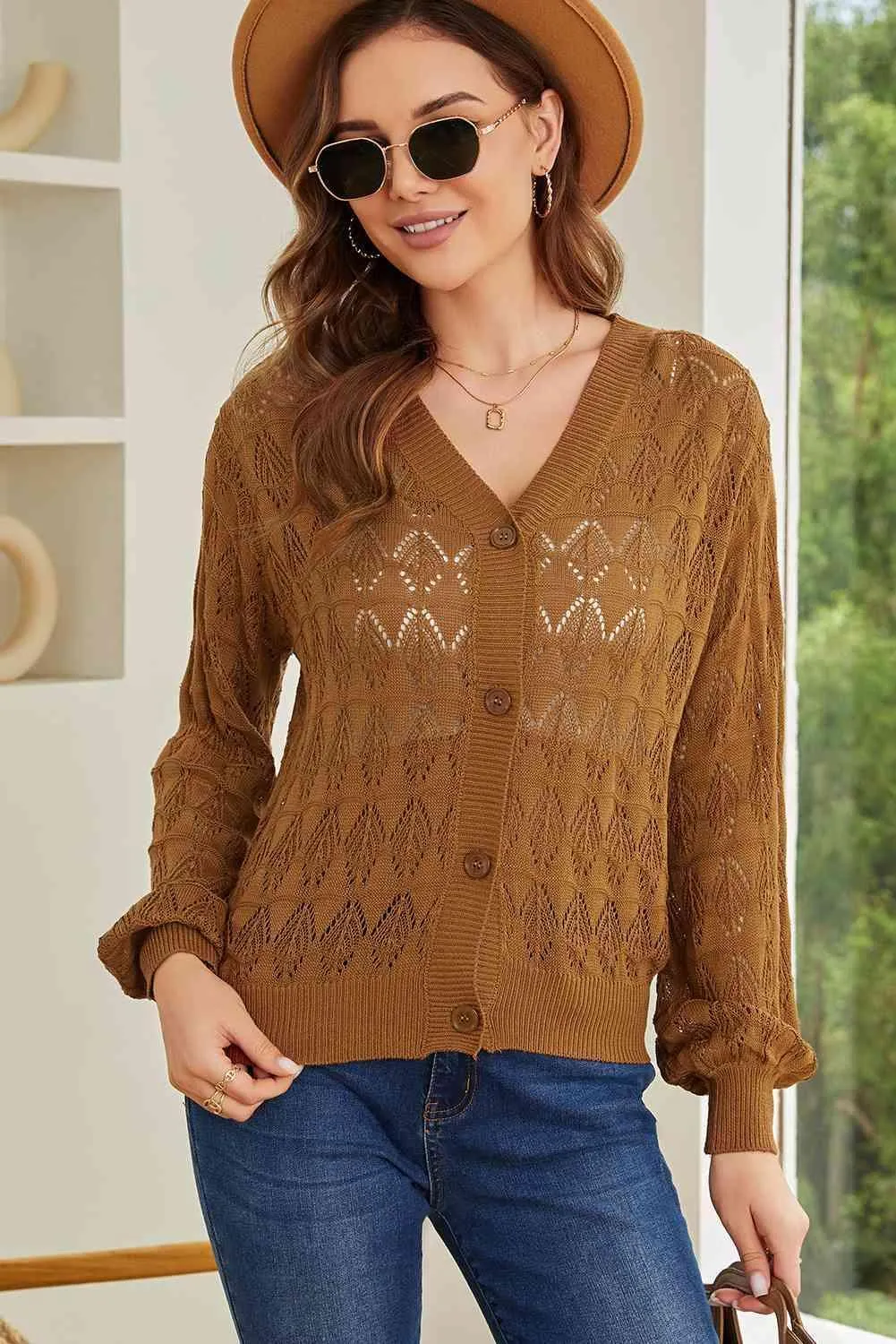 Cozy Any Season Buttoned V-Neck Open Knit Cardigan