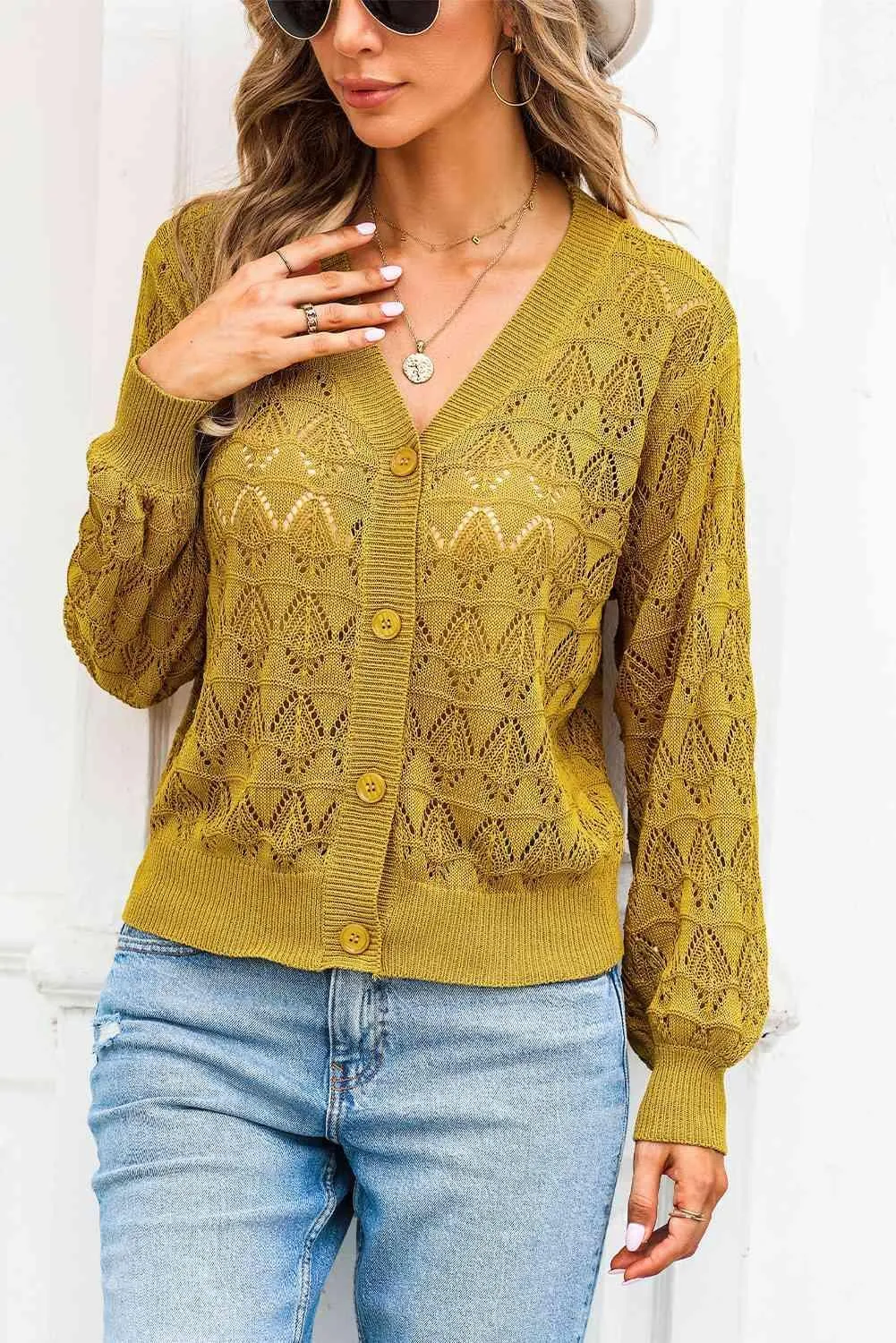 Cozy Any Season Buttoned V-Neck Open Knit Cardigan