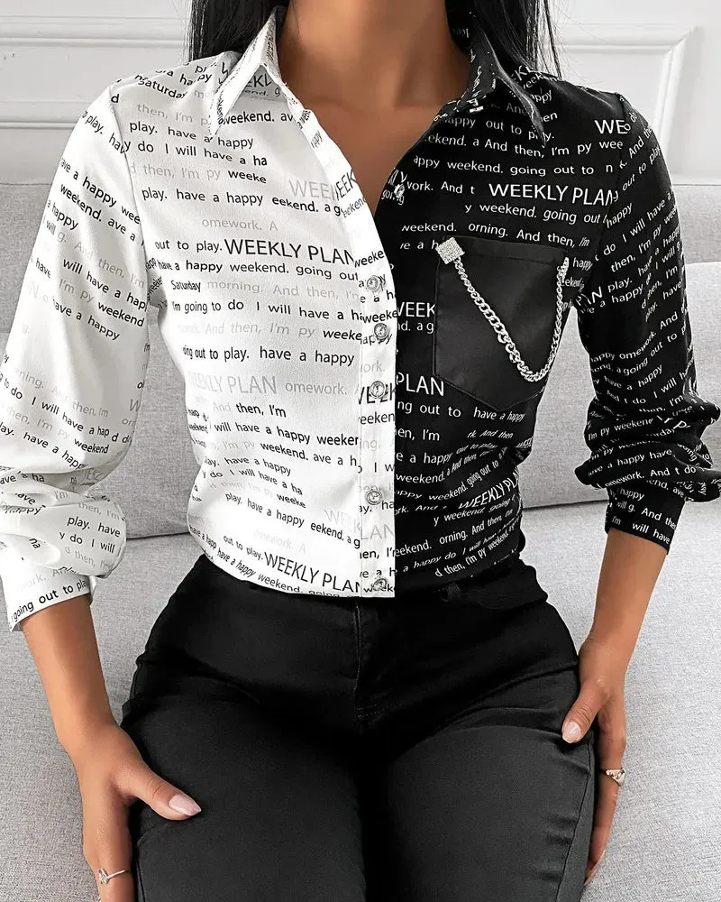 Deanwangkt - Letter Print Colourblock Long Sleeve Shirt