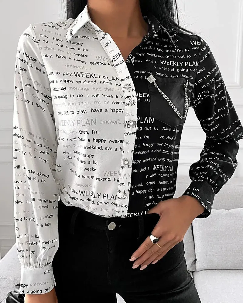 Deanwangkt - Letter Print Colourblock Long Sleeve Shirt