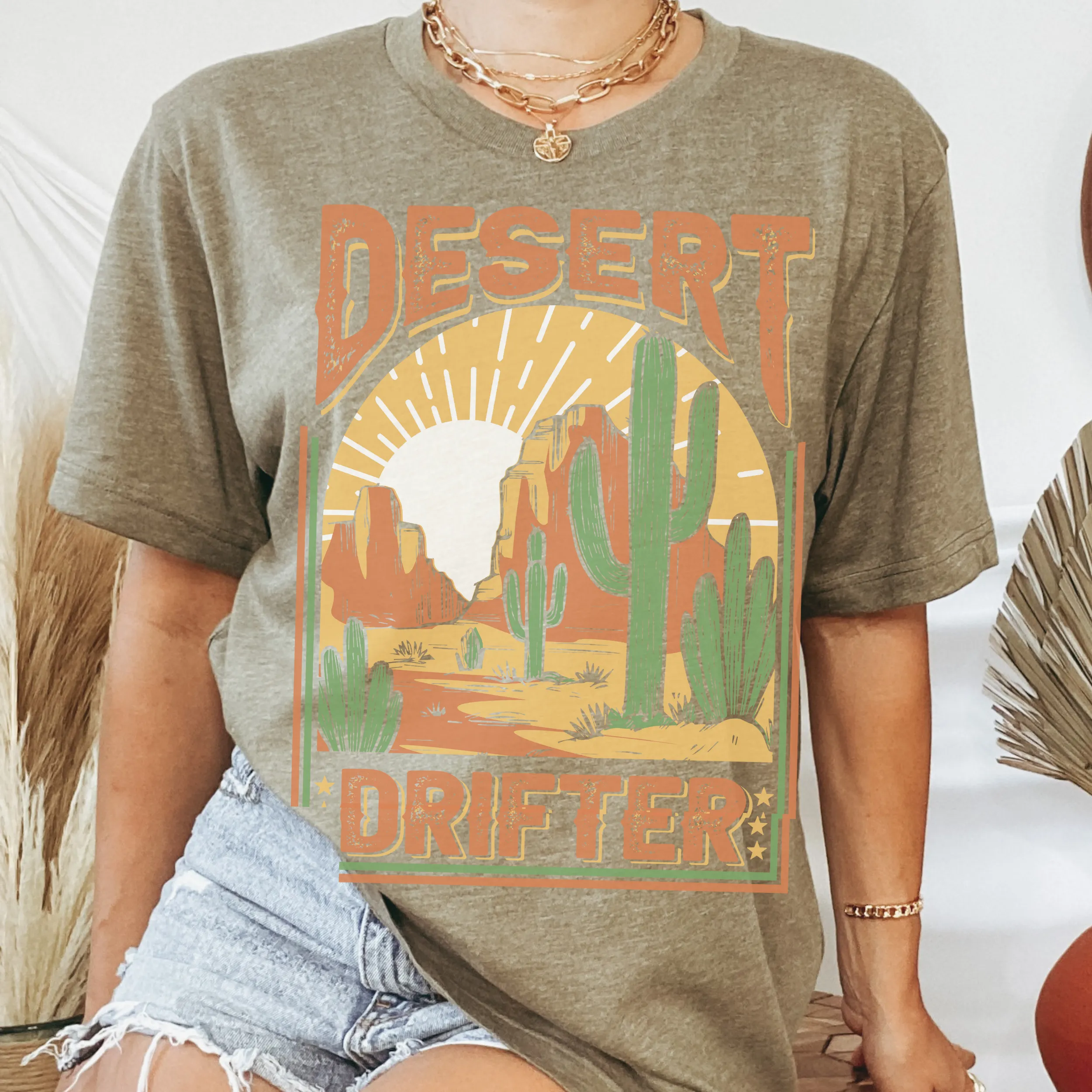 Desert Drifter Bella Canvas® Unisex Soft cotton T-shirt in Olive, Black, Grey, White or Brown Trendy Distressed Desert Design