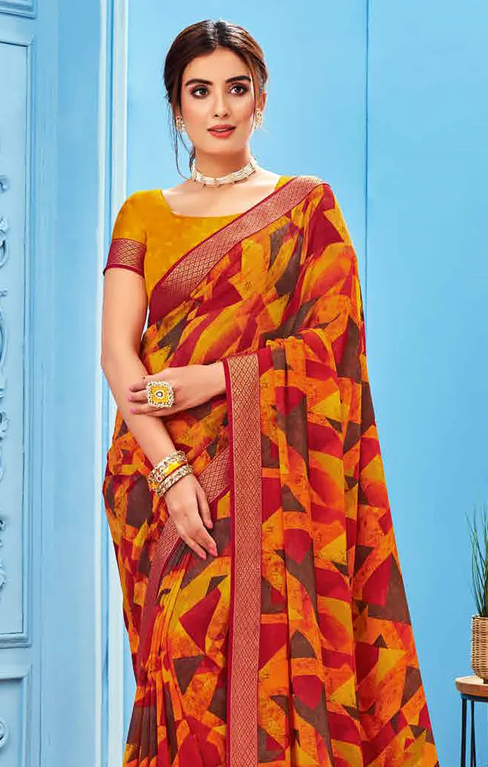 Designer Yellow/Red Georgette Printed Saree for Casual Wear (D492)