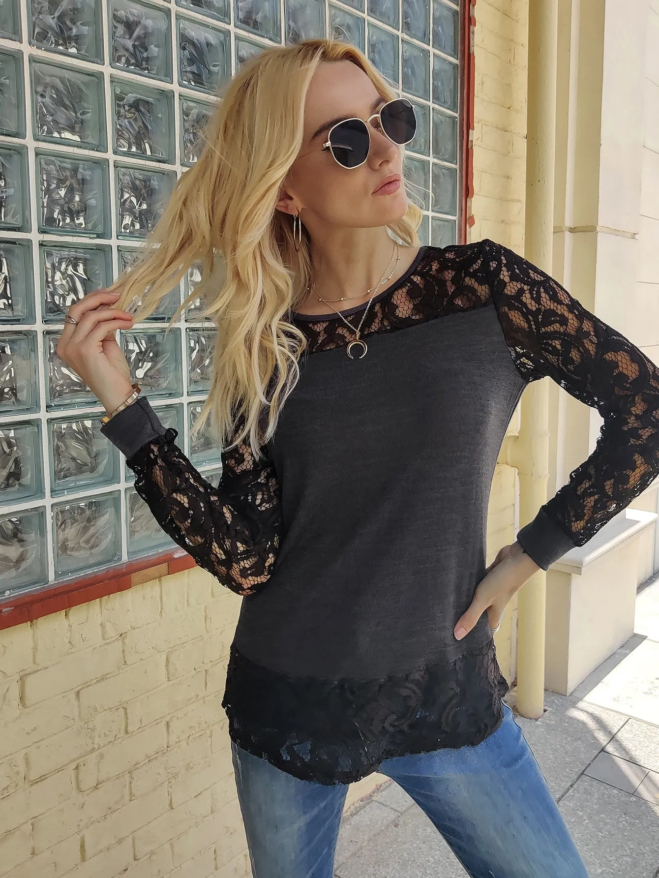 Elegant Colorblock Sheer Long Sleeve Round Neck Regular Women Top