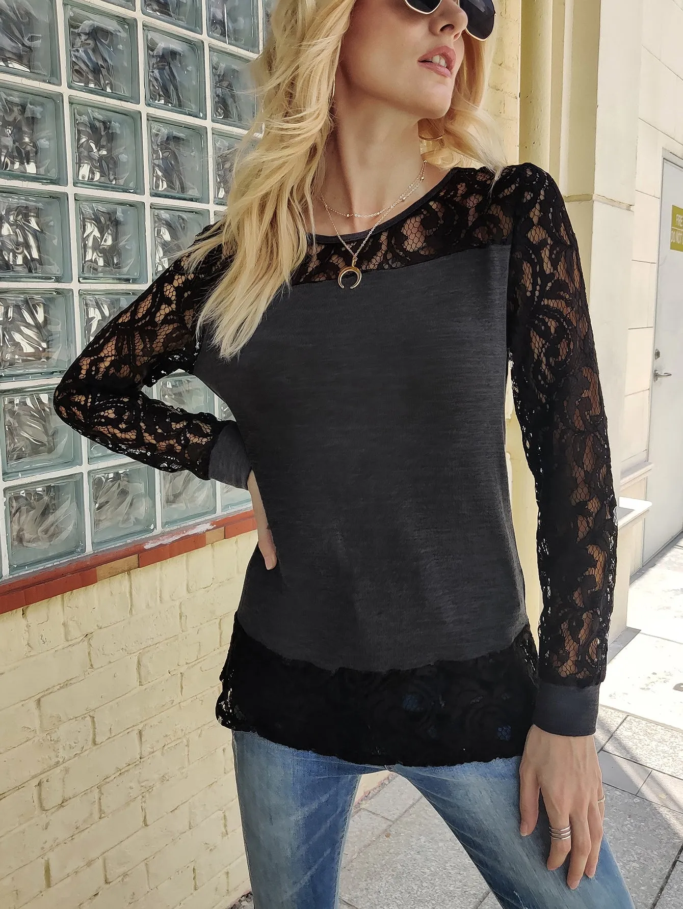 Elegant Colorblock Sheer Long Sleeve Round Neck Regular Women Top