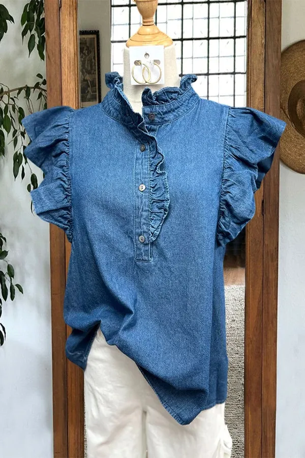 Elegant Ruffled Flying Sleeve Denim Shirt