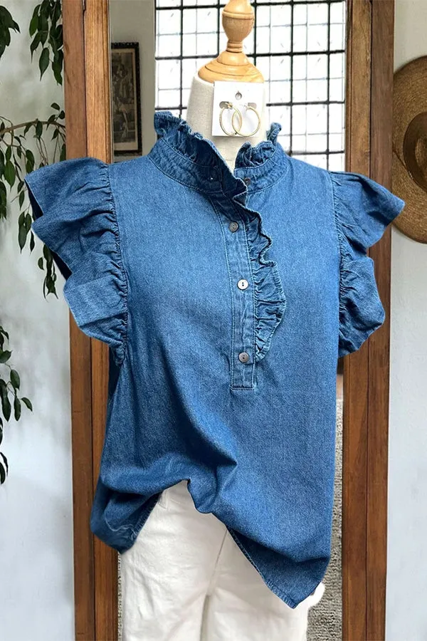 Elegant Ruffled Flying Sleeve Denim Shirt