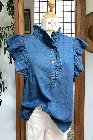 Elegant Ruffled Flying Sleeve Denim Shirt