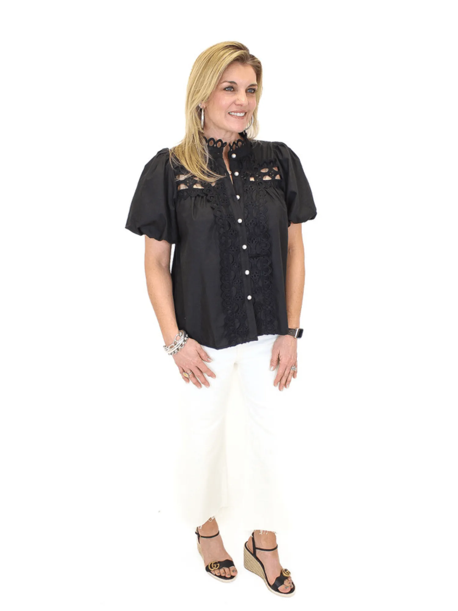 Eyelet Pearl Button Down Top - Black