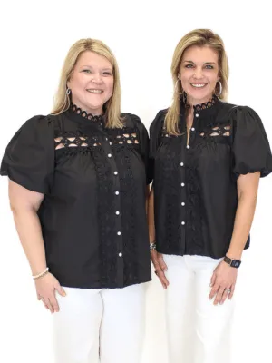 Eyelet Pearl Button Down Top - Black