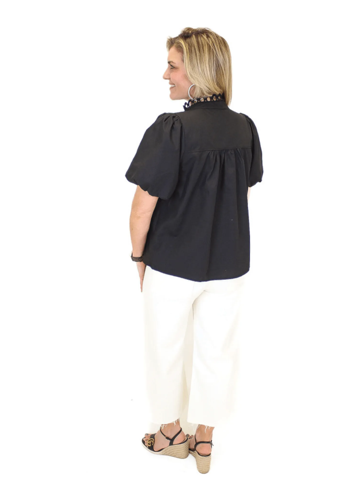Eyelet Pearl Button Down Top - Black