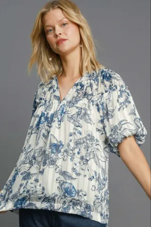 Floral Print Metallic Ruffle Blouse