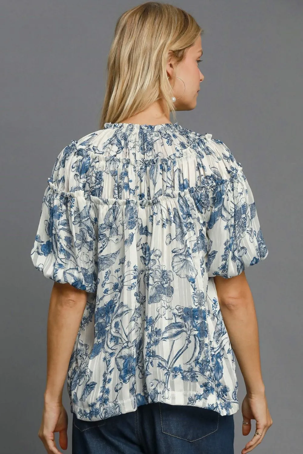 Floral Print Metallic Ruffle Blouse