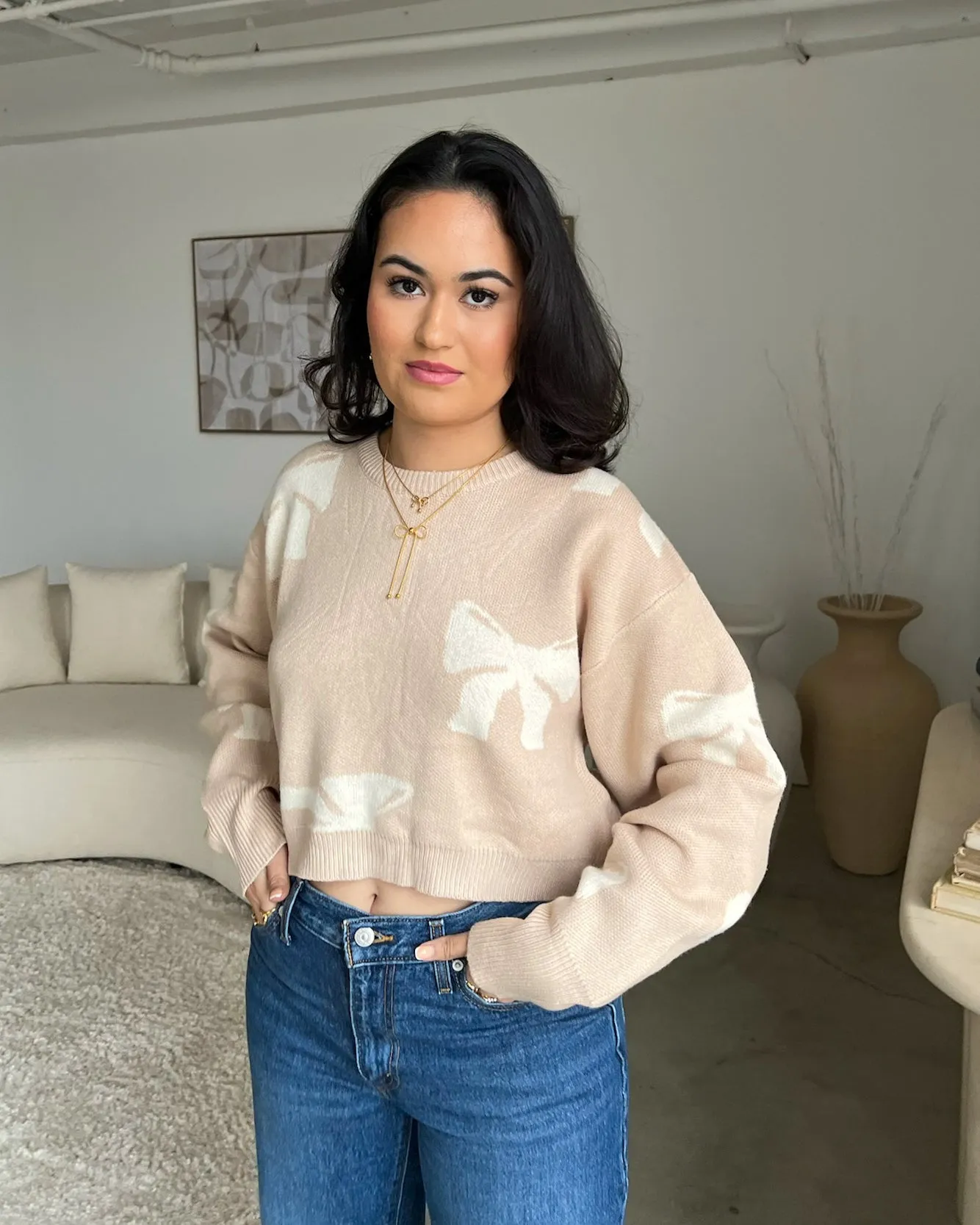 Girls Girl Beige Bow Knit Sweater