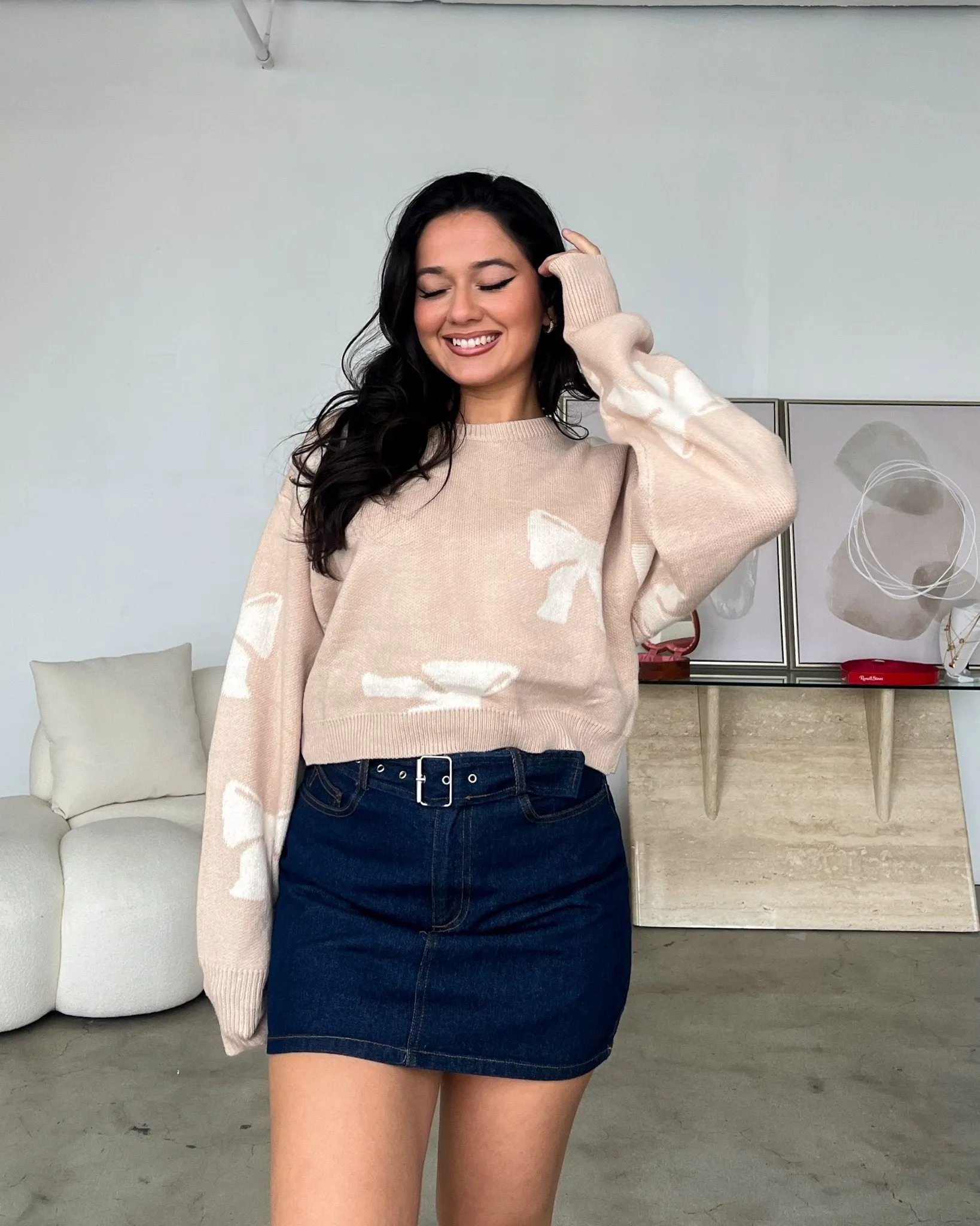 Girls Girl Beige Bow Knit Sweater
